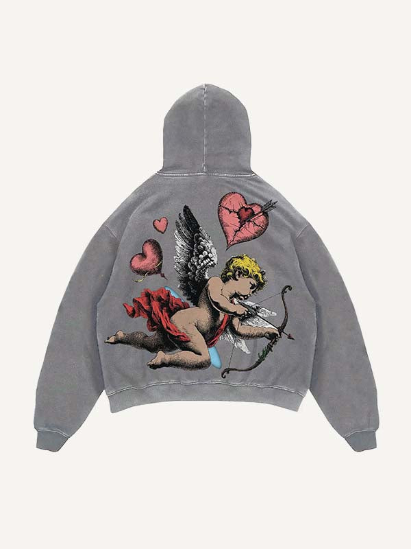 Distressed Washed Cupid&Heart Print Slant Pockets Hoodie