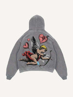 Distressed Washed Cupid&Heart Print Slant Pockets Hoodie