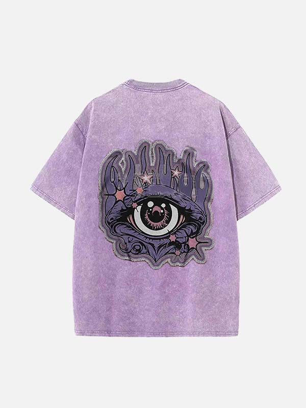 Distressed Washed Eyeball&Fire&Eye Faux Decal Print Round Neck T-shirt