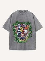 Distressed Washed Horror Print Round Neck T-shirt