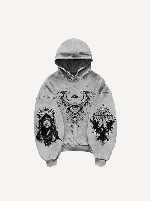 Figure&Wing&Eye&Animal&Letter Print Slant Pockets Hoodie