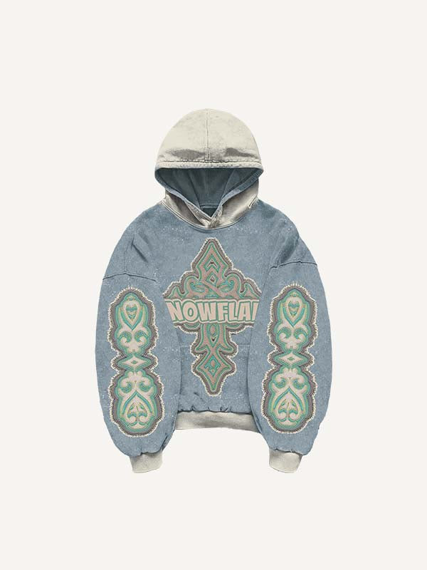 Colorblock Cross&Letter Faux Decal Print Slant Pockets Hoodie