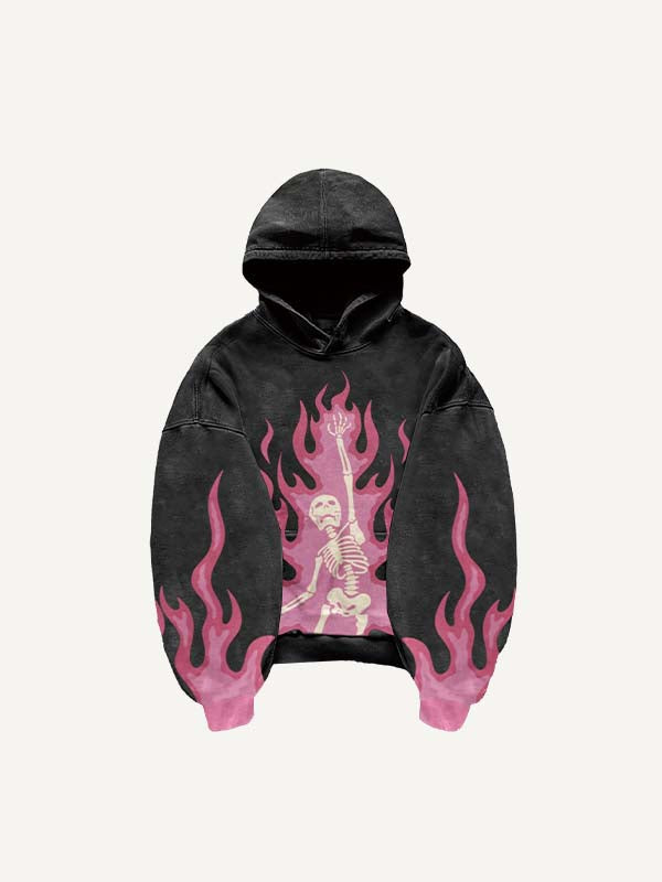 Pink Fire Skeleton Print Slant Pockets Hoodie