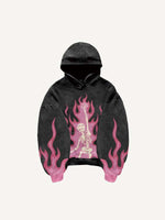 Pink Fire Skeleton Print Slant Pockets Hoodie