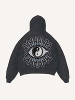 Distressed Washed Sun&Moon&Star&Eye Graphic Faux Decal Print Slant Pockets Hoodie