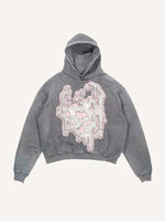 Distressed Washed Graphic Print Slant Pockets Hoodie