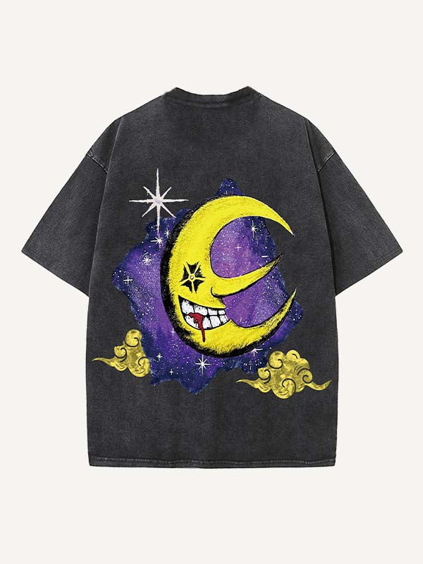 Distressed Washed Evil Sun&Moon&Cloud&Graphic Print Round Neck T-shirt