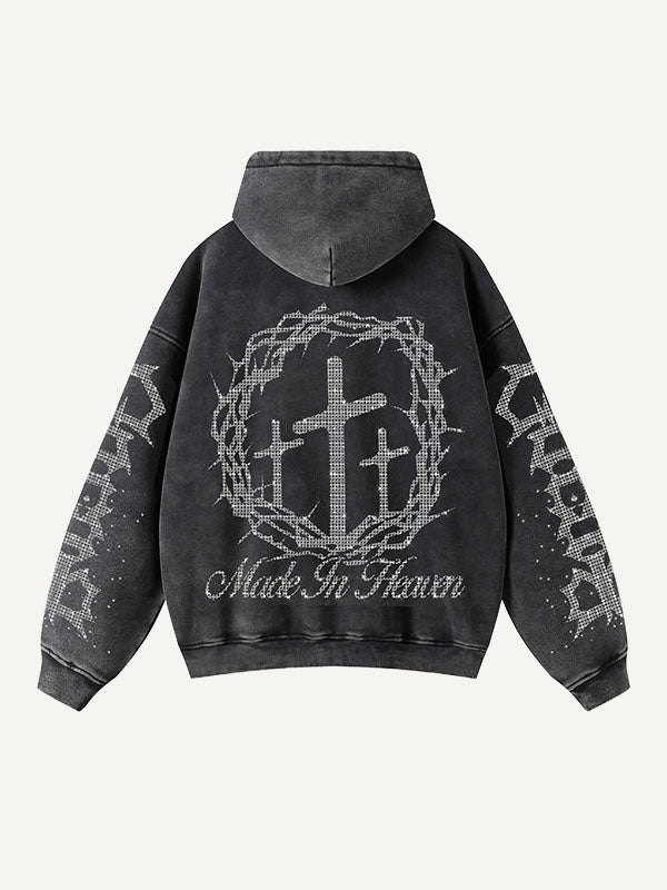 Figure&Letter&Cross Faux Rhinestones Print Zip Up Hooded Coat
