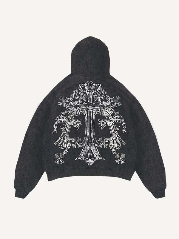 Distressed Washed Mary&Cross&Graphic&Letter Print Slant Pockets Hoodie