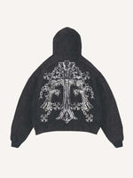 Distressed Washed Mary&Cross&Graphic&Letter Print Slant Pockets Hoodie