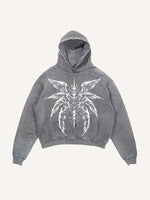 Distressed Washed Eye&Wing Print Slant Pockets Hoodie