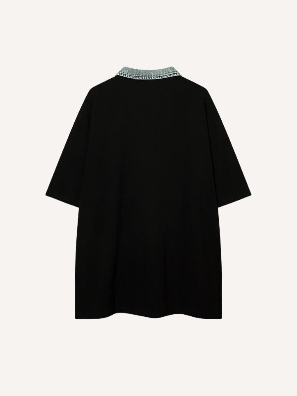 Letter&Star Patches Denim Lapel Polo Shirt