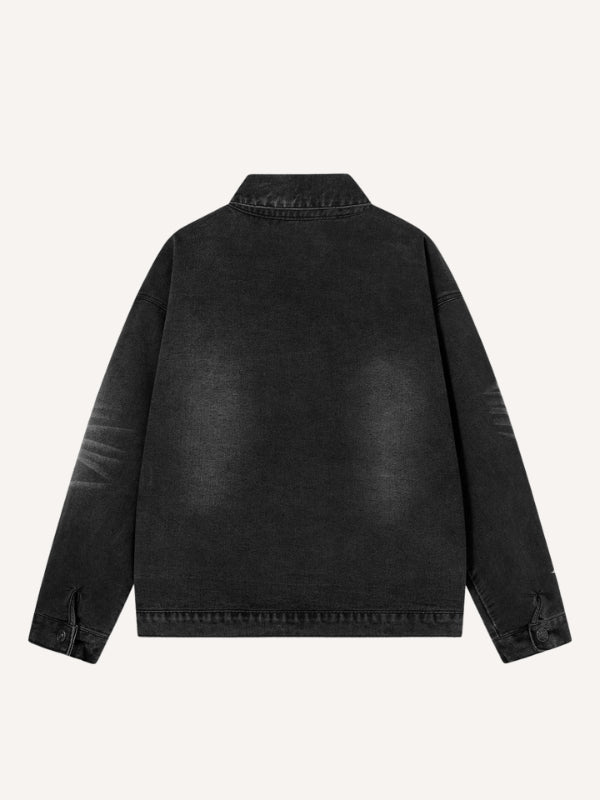 Distressed Washed Letter Embroidery Denim Jacket