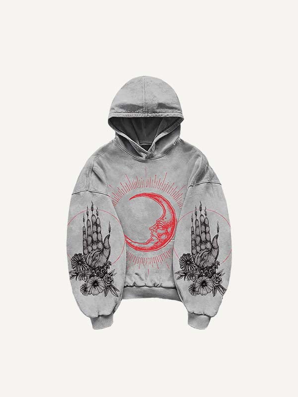 Sun&Moon&Wing&Eye&Palm Print Slant Pockets Hoodie