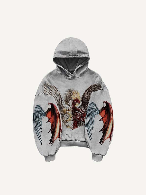 Half Angel Half Demon&Wing Print Slant Pockets Hoodie
