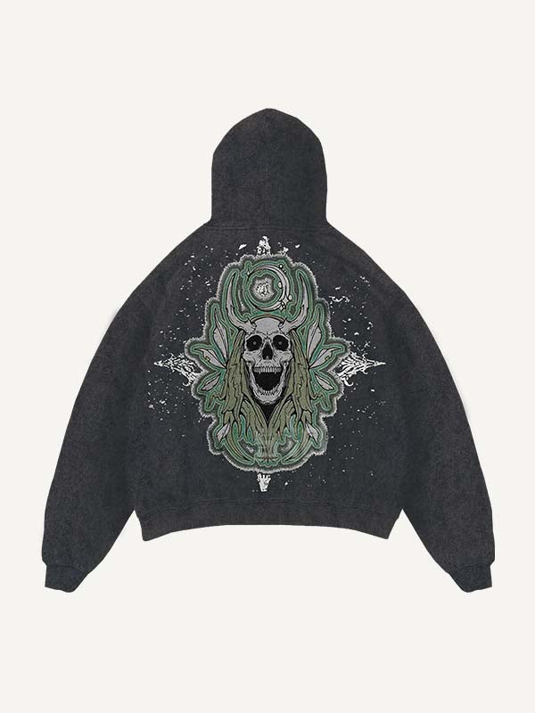 Distressed Washed Skull Faux Decal Print Slant Pockets Hoodie