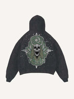 Distressed Washed Skull Faux Decal Print Slant Pockets Hoodie