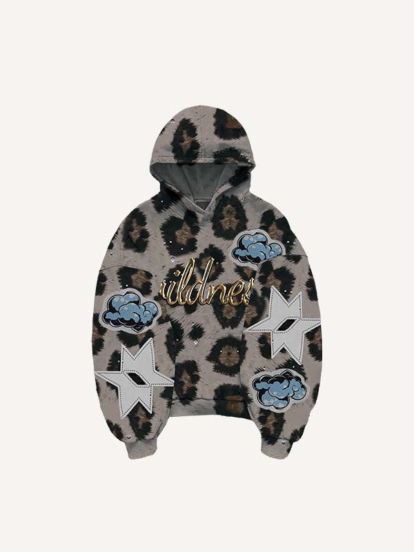 Leopard Print&Cloud&Graphic Faux Decal Print Slant Pockets Hoodie