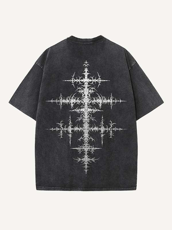 Distressed Washed Figure&Wing&Cross&Graphic Print Round Neck T-shirt