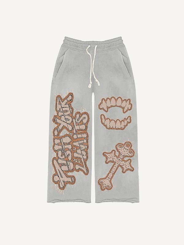 Vampire Fangs&Cross&Letter Faux Decal Print Elastic Waist Pants