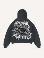 Distressed Washed Eye&Letter Faux Decal Print Slant Pockets Hoodie