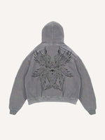 Distressed Washed Wing&Eye&Tears&Graphic Print Slant Pockets Hoodie