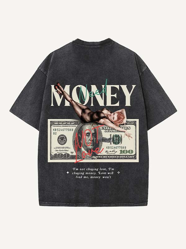 Distressed Washed Figure&City&Graphic&Money&Letter Print Round Neck T-shirt