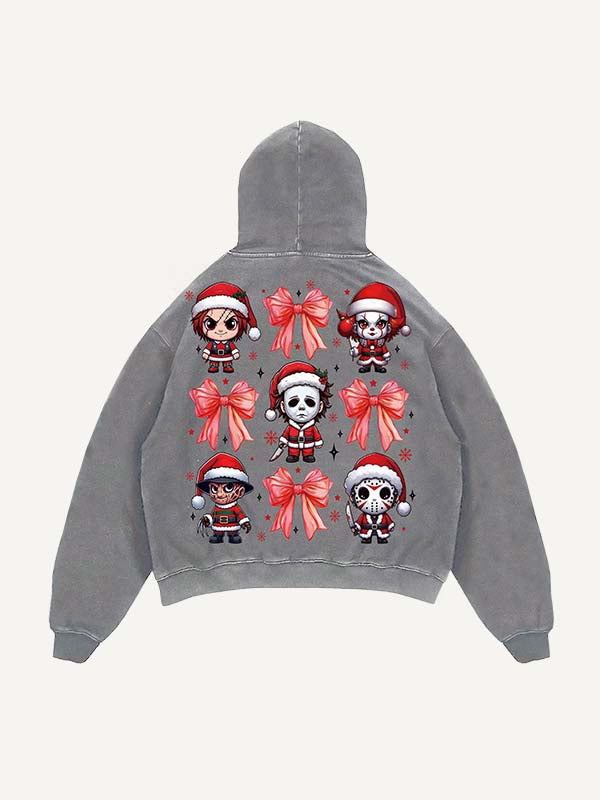 Distressed Washed Christmas Horror Print Slant Pockets Hoodie