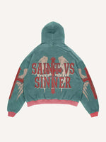 Demon&Figure&Cross&Wing&Letter Print Slant Pockets Hoodie