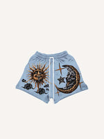 Evil Moon&Sun&Cloud&Star Print Drawstring Waist Shorts