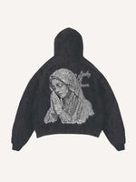 Distressed Washed Mary&Letter Pray Faux Rhinestones Print Slant Pockets Hoodie