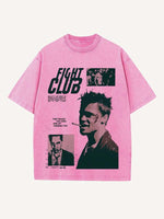 Distressed Washed Figure&Smoke&Letter Print Round Neck T-shirt