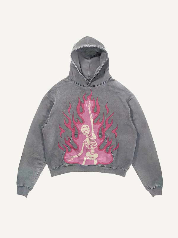 Distressed Washed Pink Fire Skeleton Print Slant Pockets Hoodie