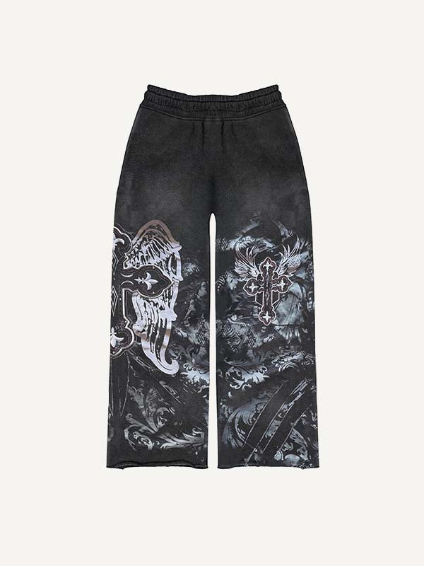 Cross&Wing&Graphic Print Elastic Waist Pants