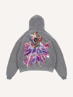 Distressed Washed Wing&Eye&Graphic Print Slant Pockets Hoodie