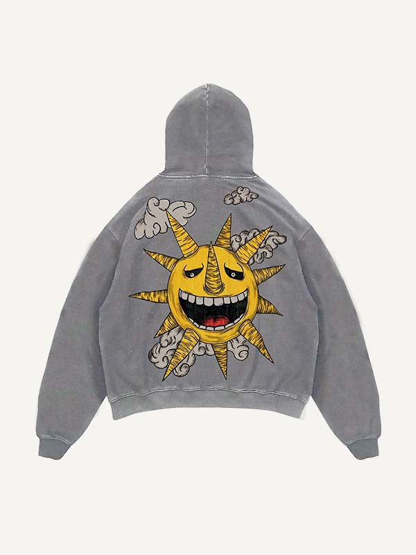 Distressed Washed Evil Moon&Sun&Star&Cloud Print Slant Pockets Hoodie