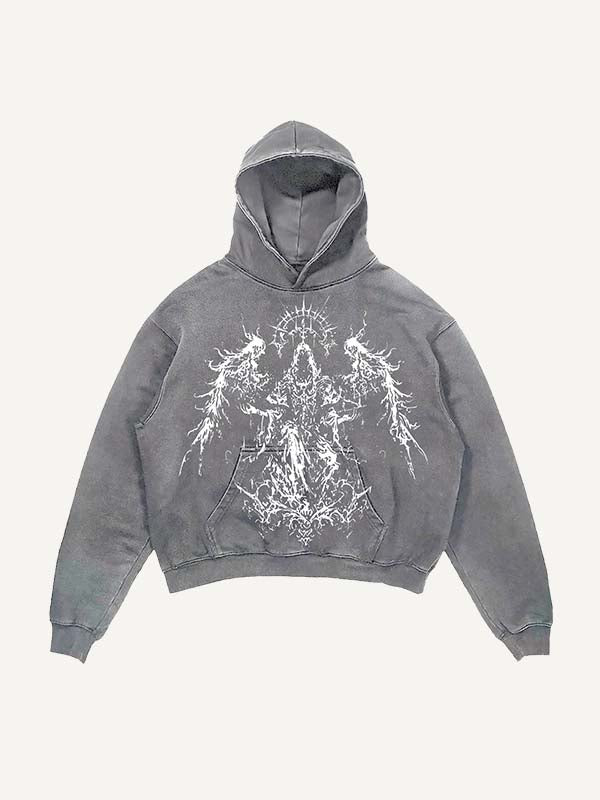 Distressed Washed Angel Figure&Wing Print Slant Pockets Hoodie
