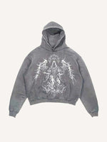 Distressed Washed Angel Figure&Wing Print Slant Pockets Hoodie