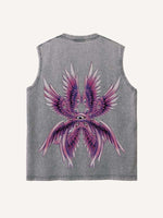 Distressed Washed Eye&Wing Print Round Neck Tank