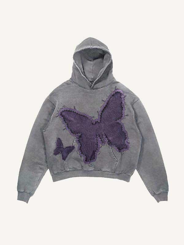 Distressed Washed Butterfly Faux Decal Print Slant Pockets Hoodie