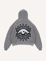 Distressed Washed Moon&Star&Eye Faux Decal Print Slant Pockets Hoodie