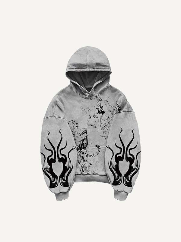 Tiger&Dragon&Animal Print Slant Pockets Hoodie
