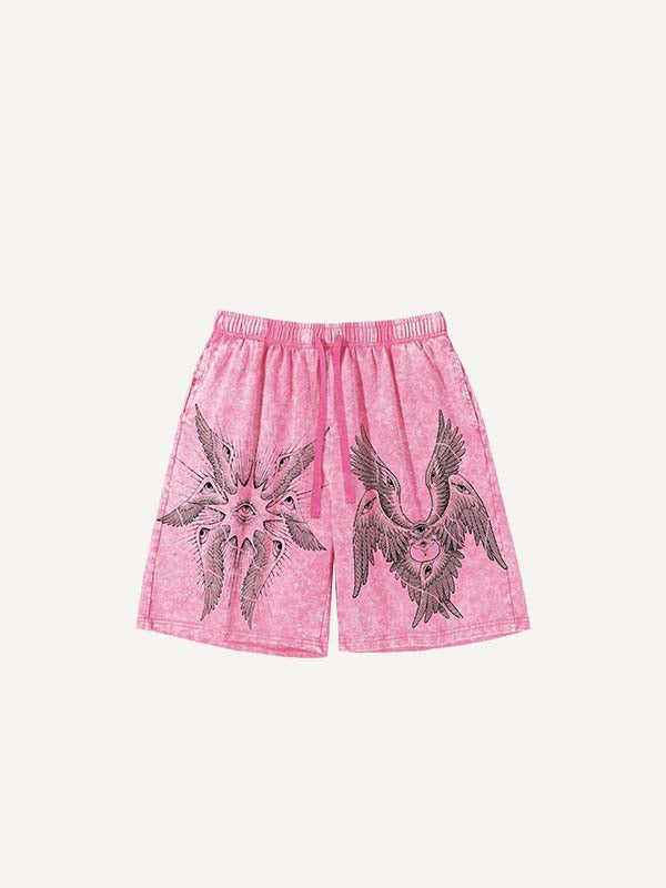 Distressed Washed Wing&Eye&Graphic Print Drawstring Waist Shorts