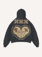 Distressed Washed Die For You Skull Faux Decal Print Slant Pockets Hoodie