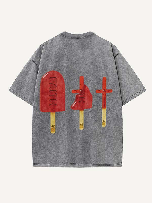 Distressed Washed Figure&Cross&Ice Cream&Letter Print Round Neck T-shirt