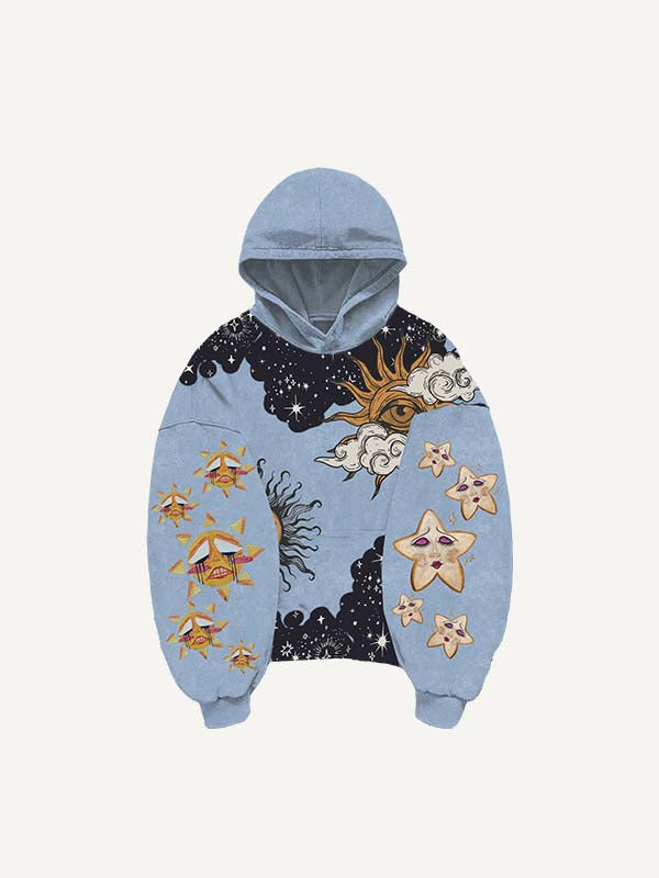 Sad Sun&Moon&Eye&Cloud&Graphic Print Slant Pockets Hoodie
