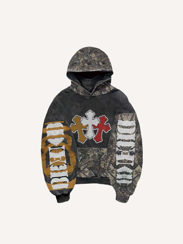 Cross&Letter&Branches Faux Decal Print Slant Pockets Hoodie