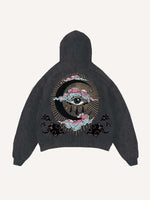 Distressed Washed Eye&Cloud&Moon&Graphic Print Slant Pockets Hoodie