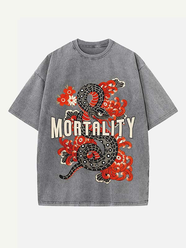 Distressed Washed Snake&Floral&Letter Print Round Neck T-shirt