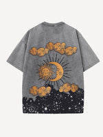 Distressed Washed Sad Sun&Moon&Eye&Cloud&Graphic Print Round Neck T-shirt